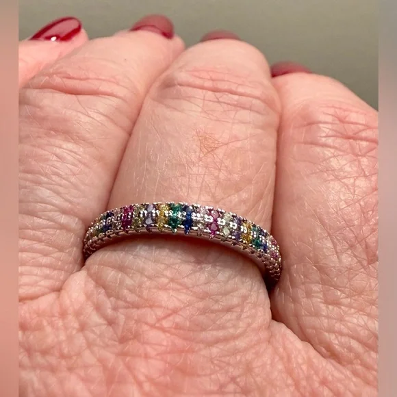 Ring - size 7.75 -New - dainty multi-color rhinestones silver tone band. BOGO ⬇️ - Picture 7 of 9